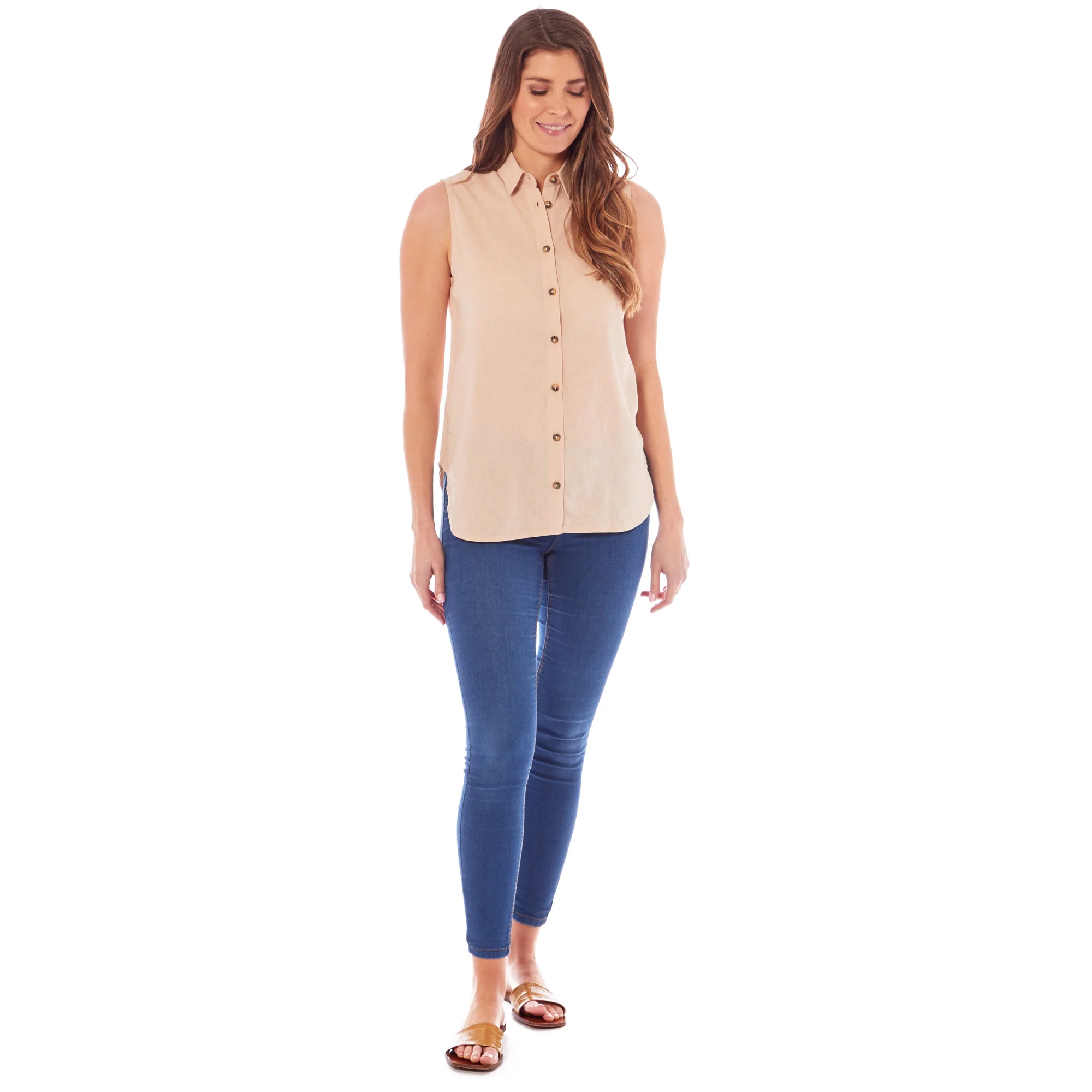 Ladies Linen Sleeveless Collar Shirt - Beige - Image 5