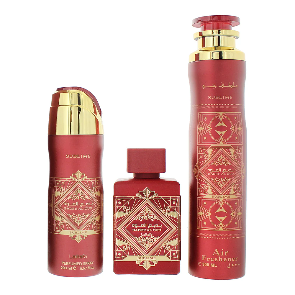 Lattafa Bade'e Al Oud Sublime 3 Piece Gift Set: Eau De Parfum 100ml - Air Freshener 300ml, And A Perfumed Body Spray 200ml - Image 2