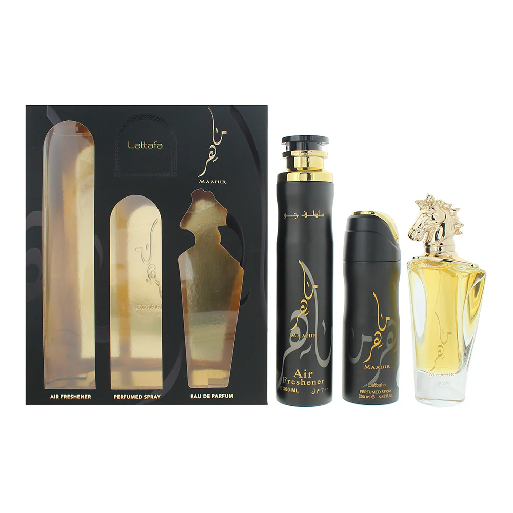 Lattafa Maahir 3 Piece Gift Set: Eau De Parfum 100ml - Air Freshener 300ml - Perfumed Body Spray 200ml