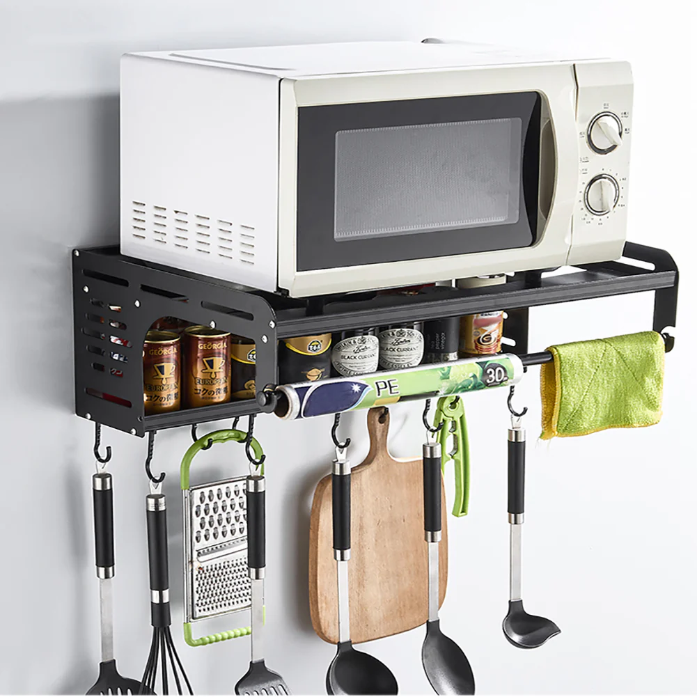 Lifeideas 2-Tier Wall-Mounted Microwave Shelf Spice Rack with 10 Hooks - Image 2