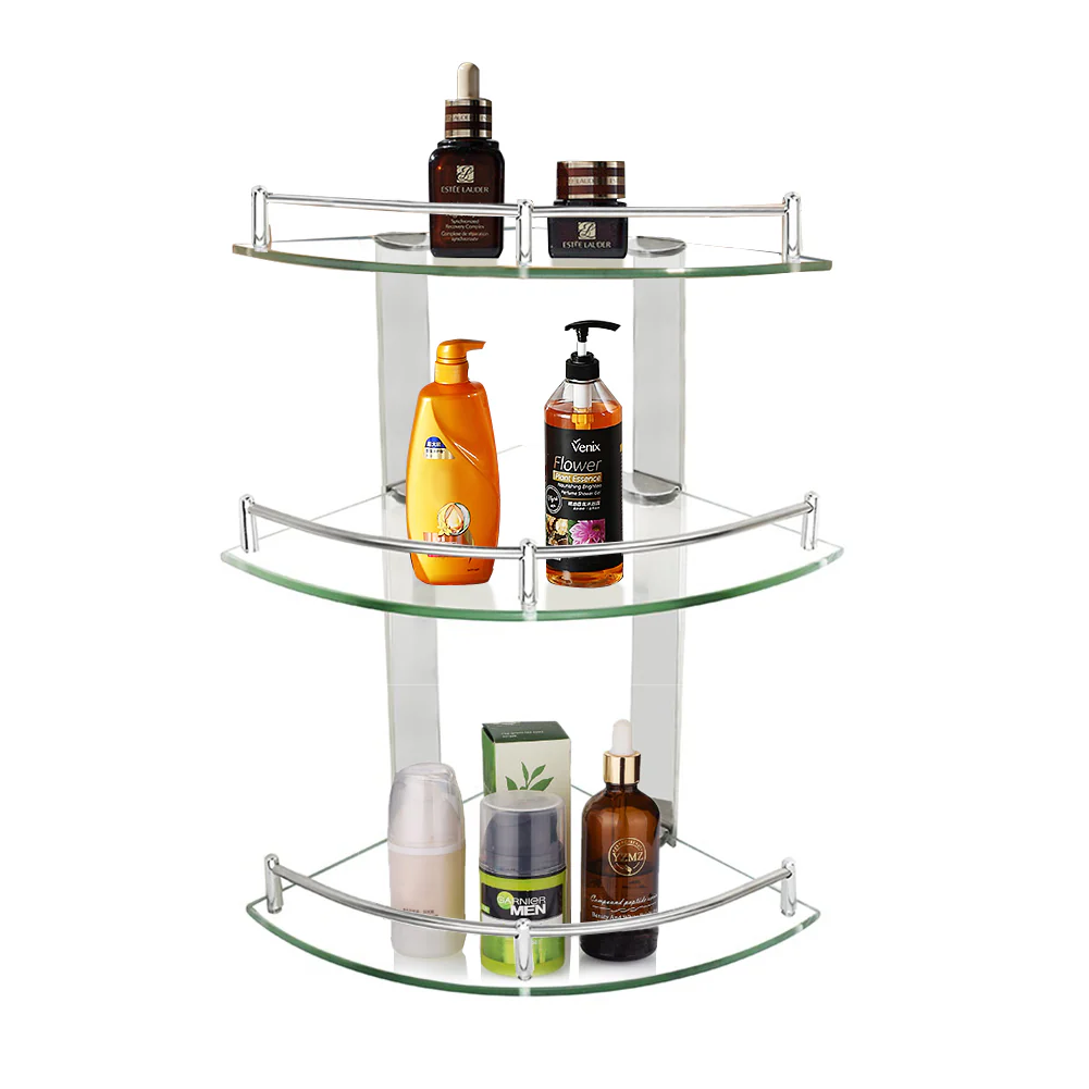 Lifeideas 3 Tiers Bathroom Tempered Glass Corner Shelf with Steel Rail Wall Mounted - Image 2