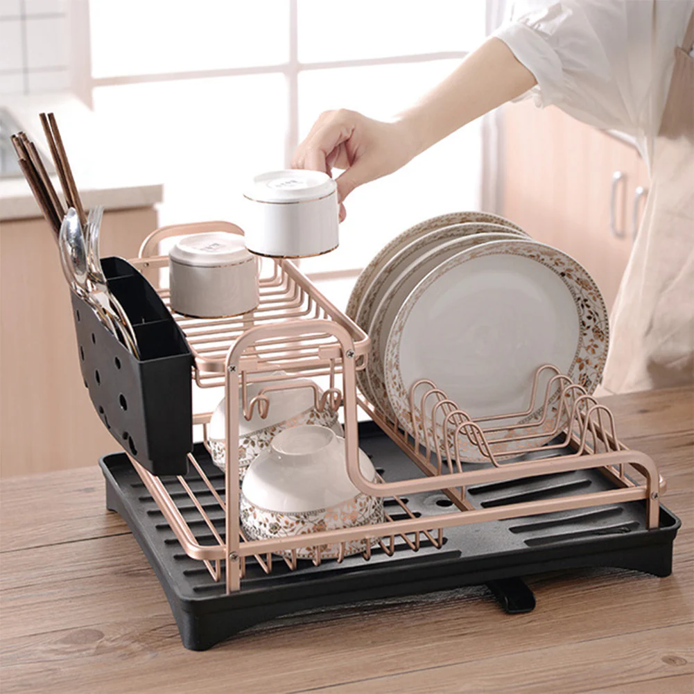 Lifeideas Dish Rack 2 Tiers Dish Drying Drainer with Drying Board Rose Gold