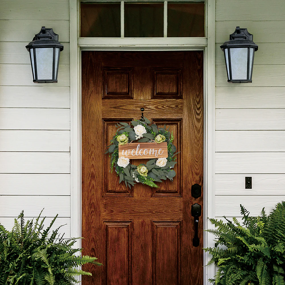 Lifeideas Farmhouse Door Artificial Rose Flower Wreath with Welcome - Image 2