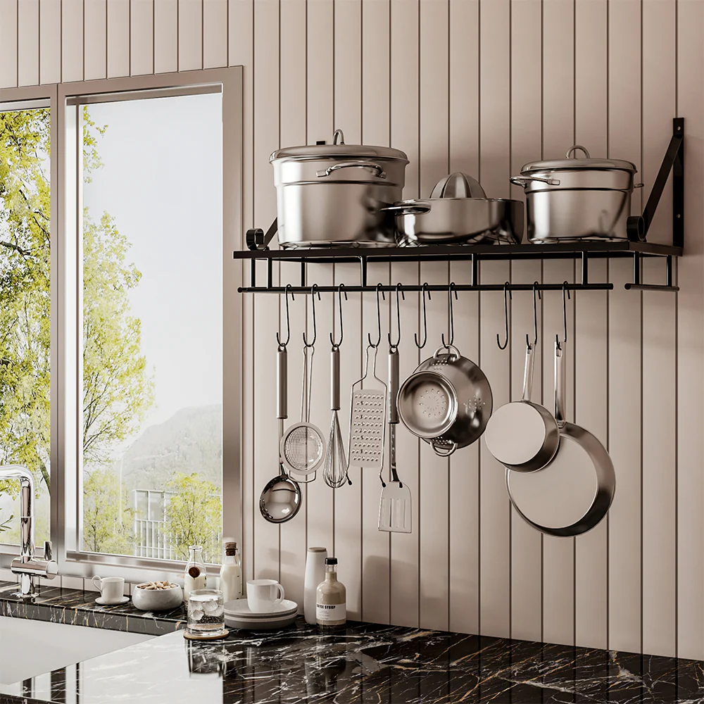 Lifeideas Kitchen Metal Shelves Saucepan Pan Pot Rack Storage Shelf with 10 Hooks Wall Mounted - Image 2