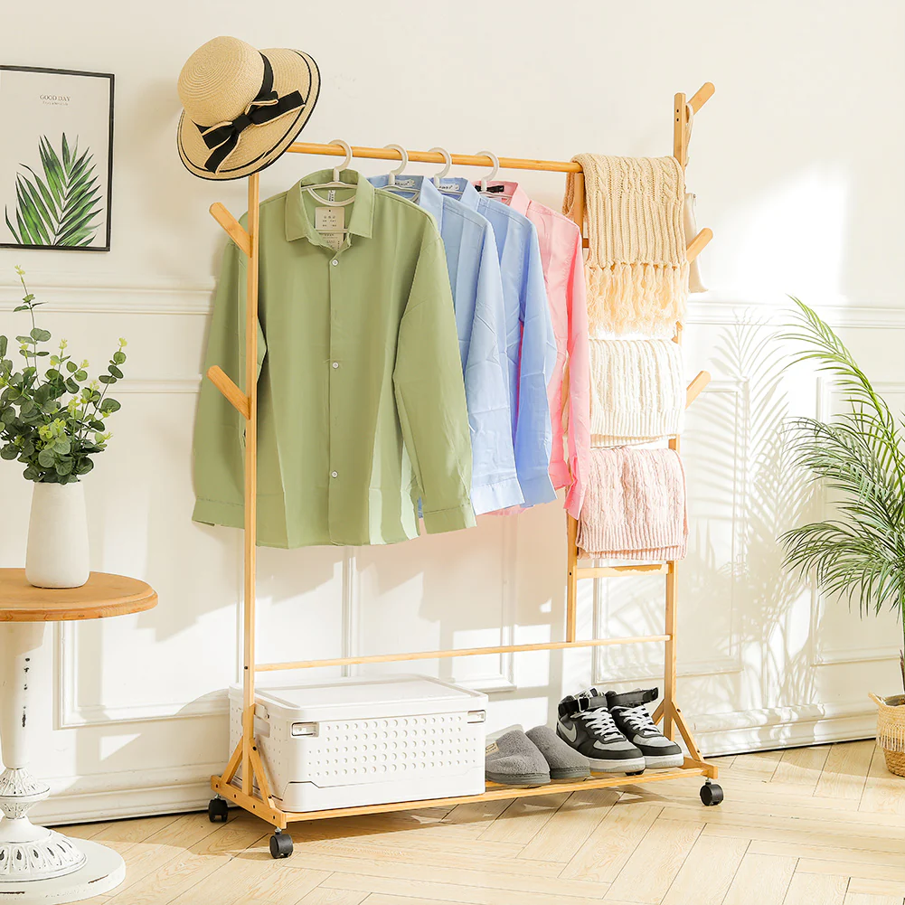 Livingandhome Bamboo Clothes Rack with Bottom Shelf Shoe Clothing Organizer
