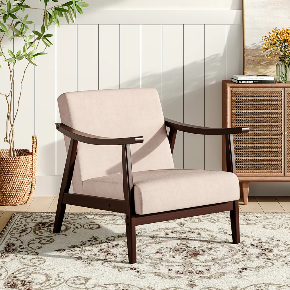 Livingandhome Beige Fabric Accent Chair with Wooden Frame - Image 2