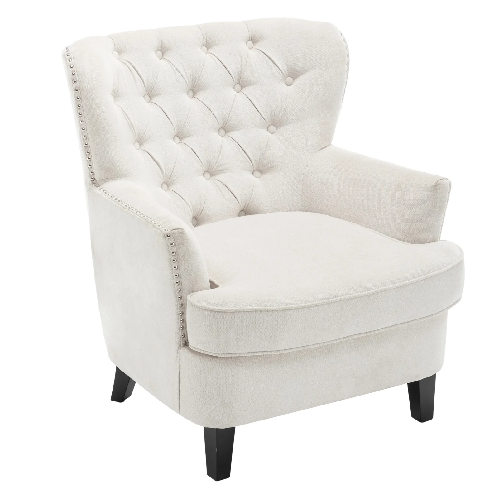 Livingandhome Classic Buttoned Back Linen Armchair with Wooden Legs
