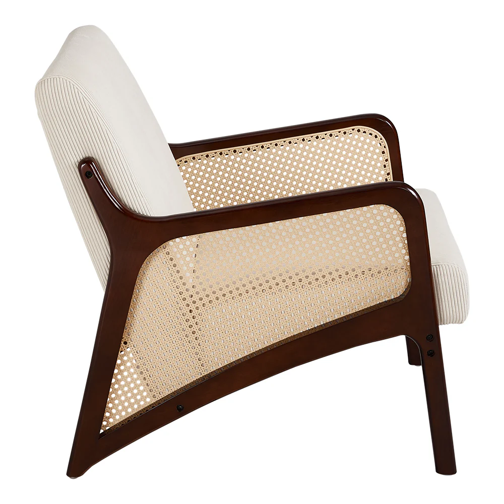 Livingandhome Corduroy Armchair with Rattan Armrest - Image 4