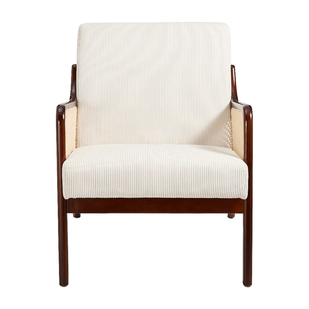 Livingandhome Corduroy Armchair with Rattan Armrest - Image 5