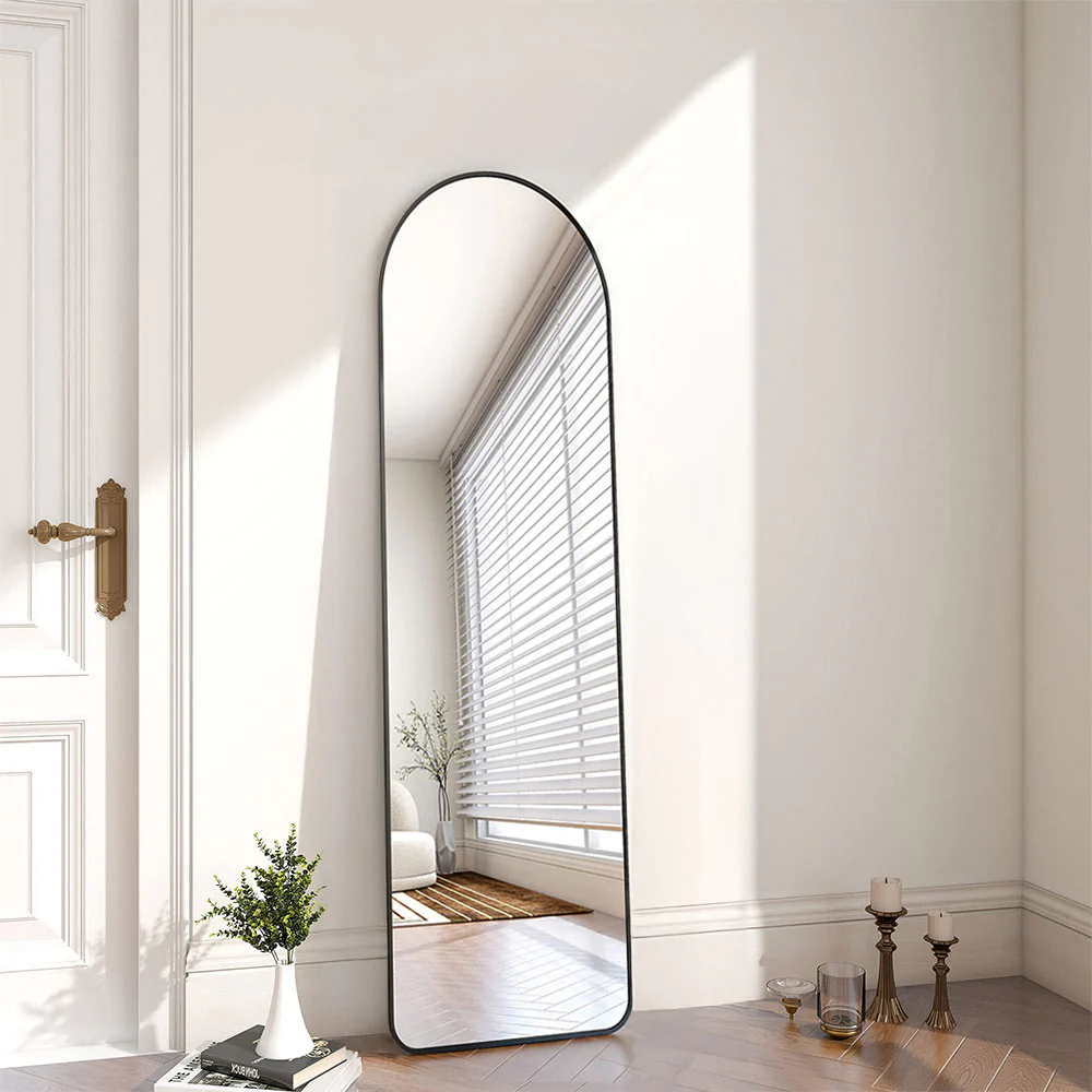 Livingandhome Modern Arched Metal Floor Mirror Black