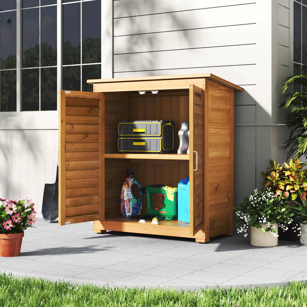 Outdoor Solid Wood Storage Cabinet Garden Tool Shed 97cm H - Image 2