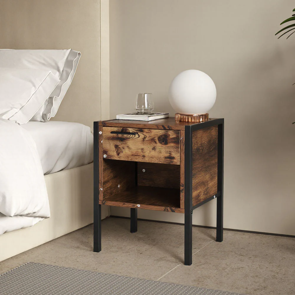 Livingandhome Retro Industrial-style Bedside Table Nightstand with Drawer & Open Front Storage Compartment - Image 2