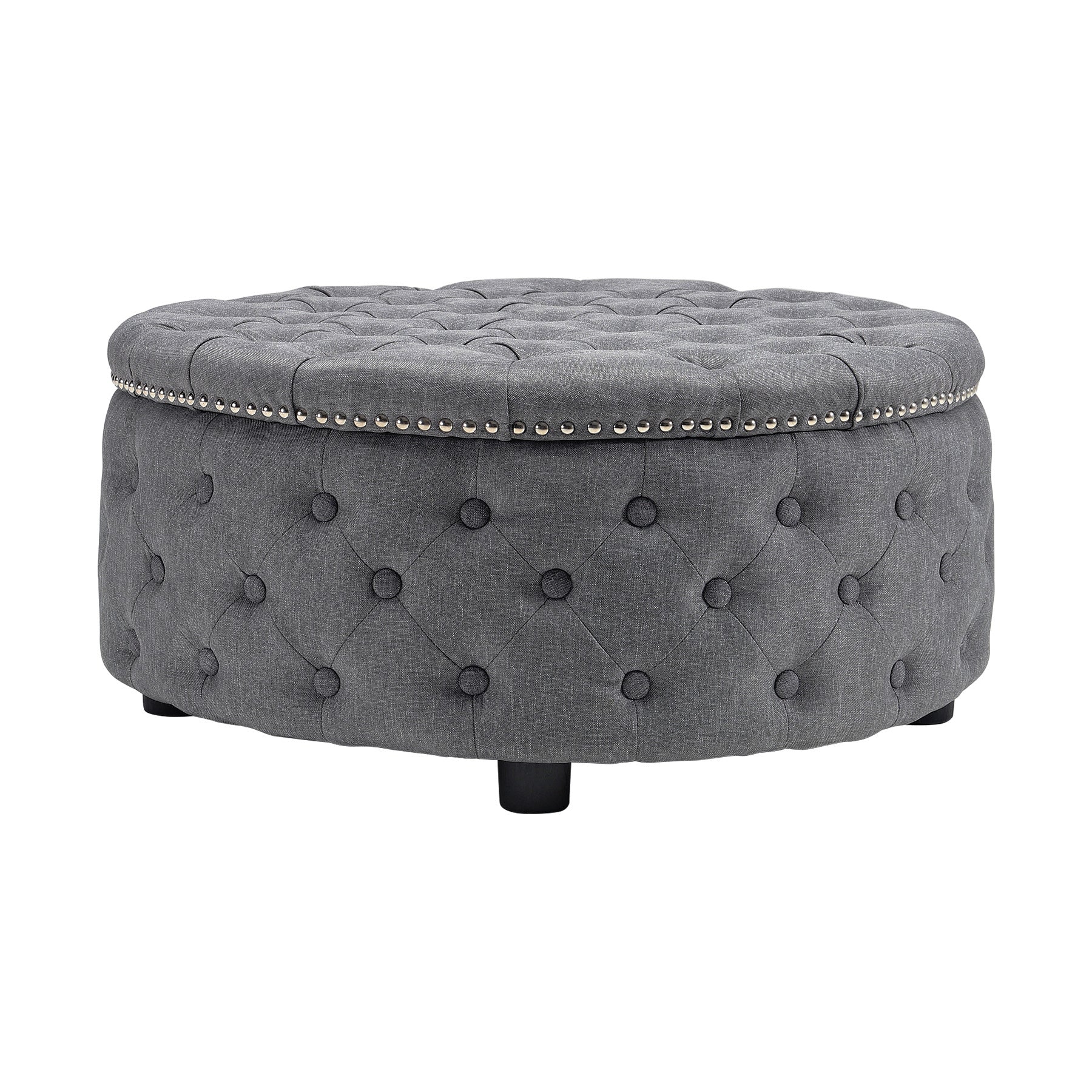 Livingandhome Round Linen Ottoman with Rubberwood Legs - Image 3