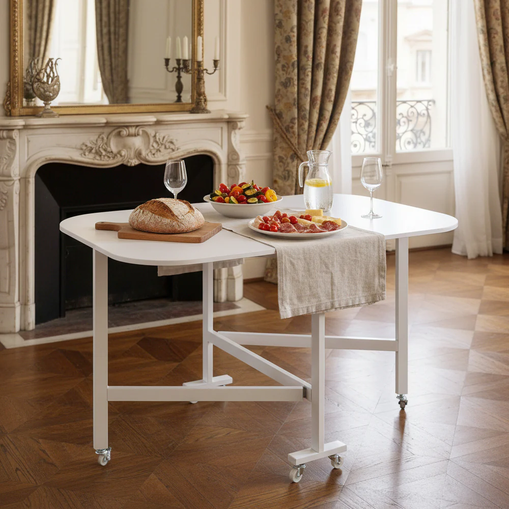 Livingandhome White Folding Dining Table with Wheels - Image 2