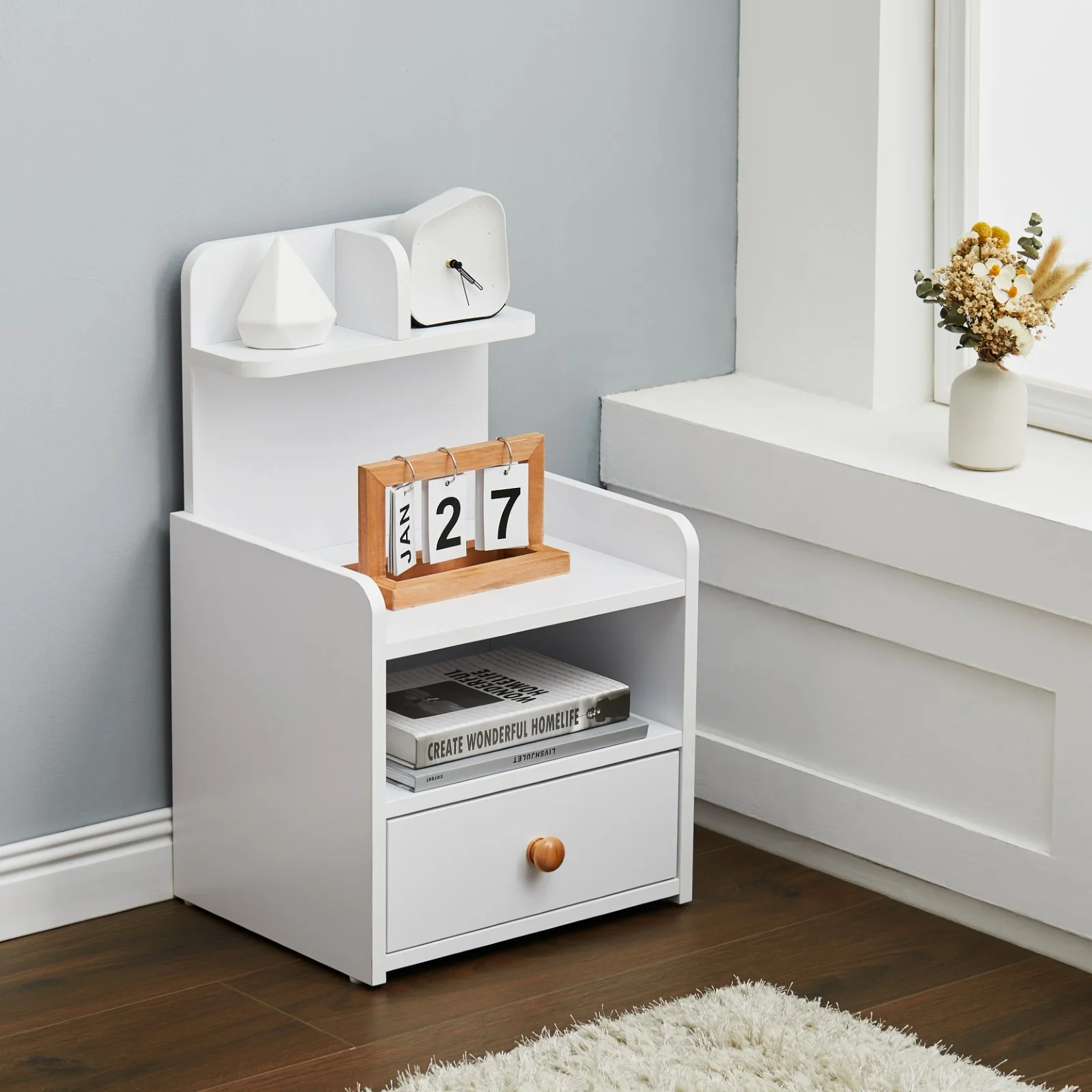 Livingandhome Wooden 1-Drawer Bedside Table Nightstand with a Shelf