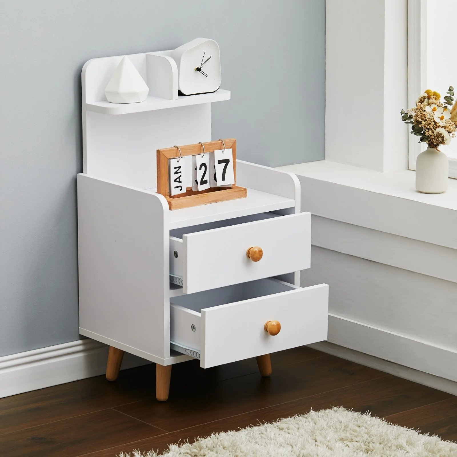 Livingandhome Wooden 2-Drawer Bedside Table Nightstand with a Shelf and Wooden Legs - Image 2
