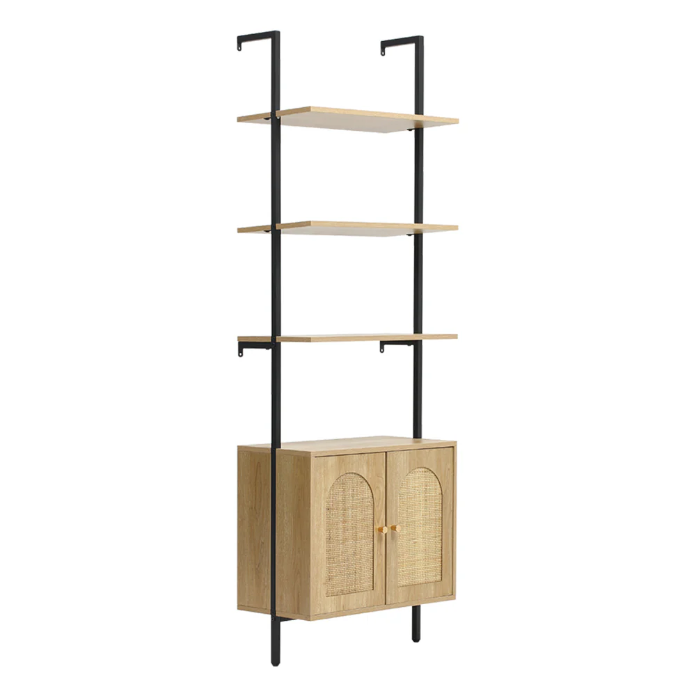 Livingandhome Wooden Bookshelf with Rattan Cabinet - Image 4