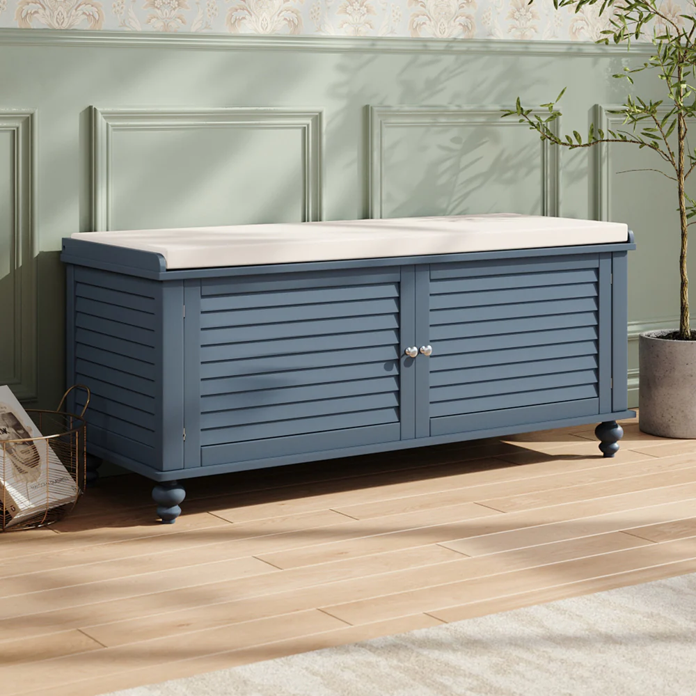 Livingandhome Wooden Shutter Door Shoe Cabinet Storage Bench With Linen Cushion