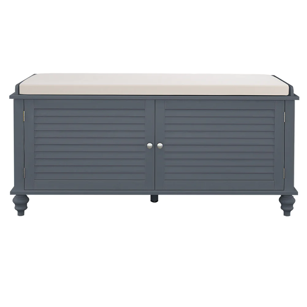 Livingandhome Wooden Shutter Door Shoe Cabinet Storage Bench With Linen Cushion - Image 3