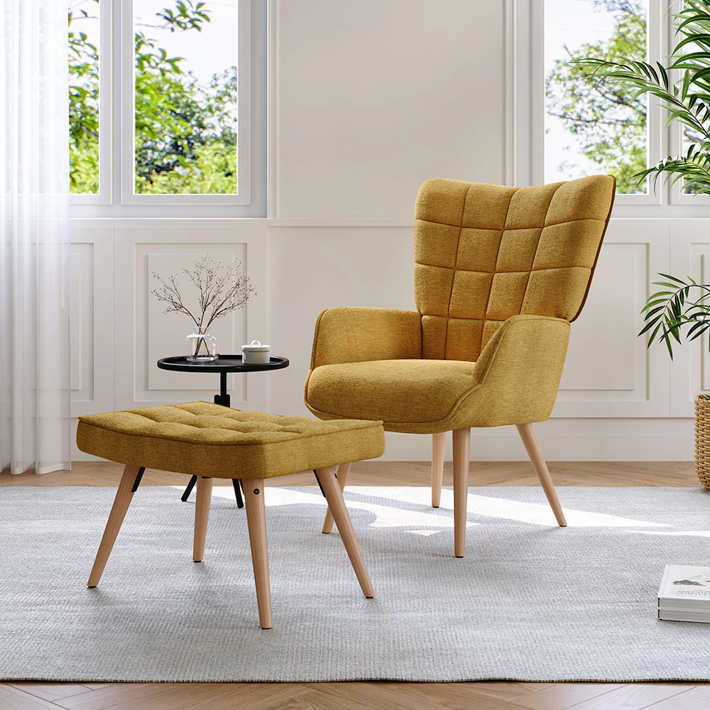 Livingandhome Yellow Linen Armchair with Matching Footstool - Image 2