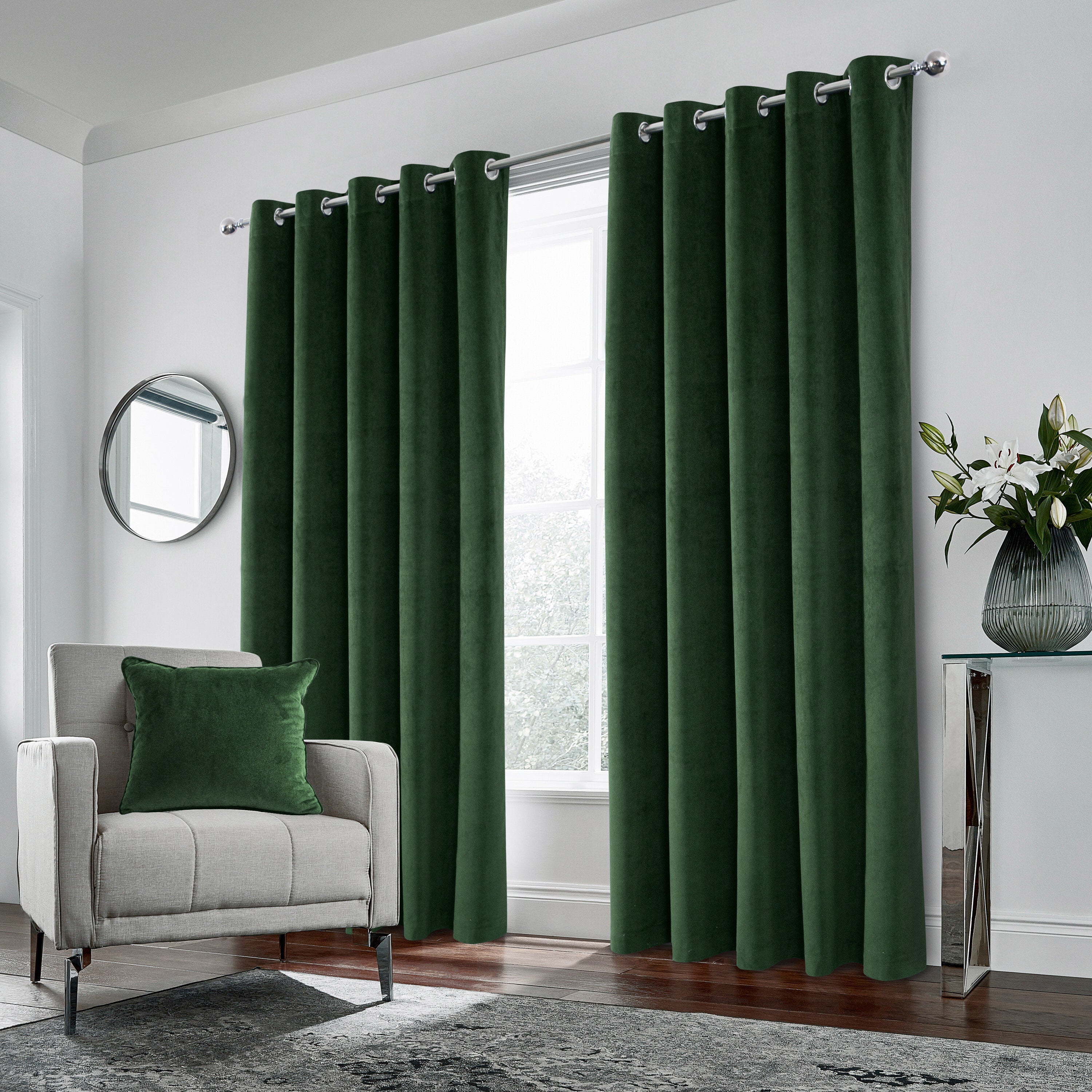 Luxury Enhanced Living Green Velvet, Supersoft, 100% Blackout, Thermal Pair of Curtains with Eyelet Top - Image 2