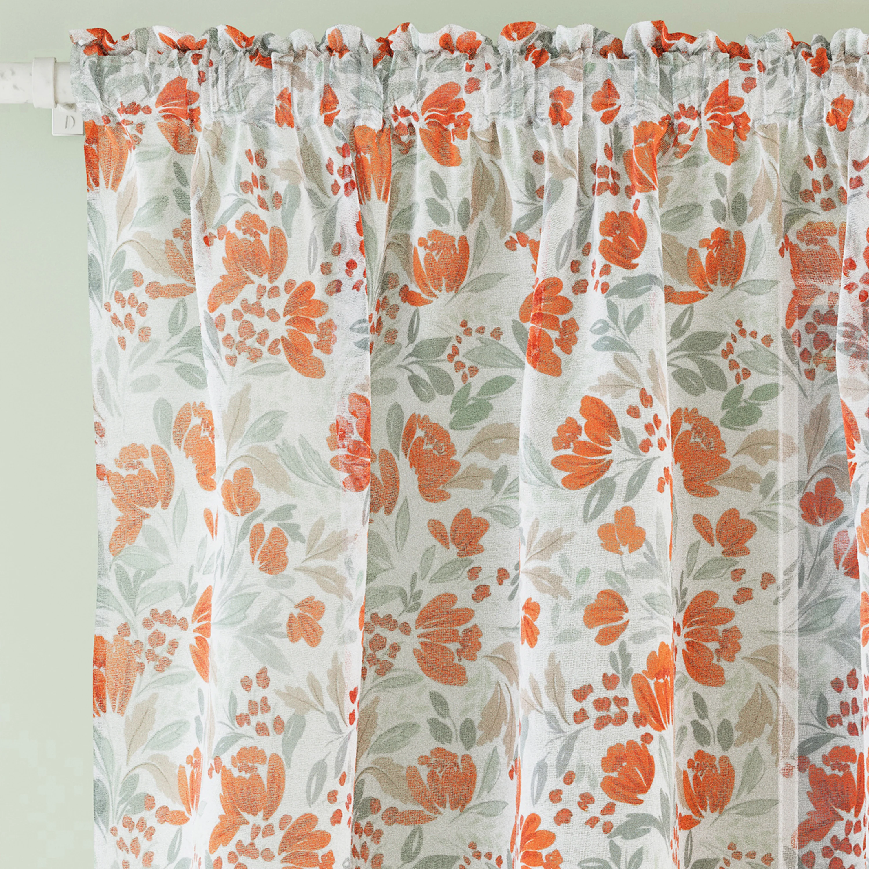 Mia Burnt Orange  Floral Print Sheer Voile Panels - Pair - Image 2
