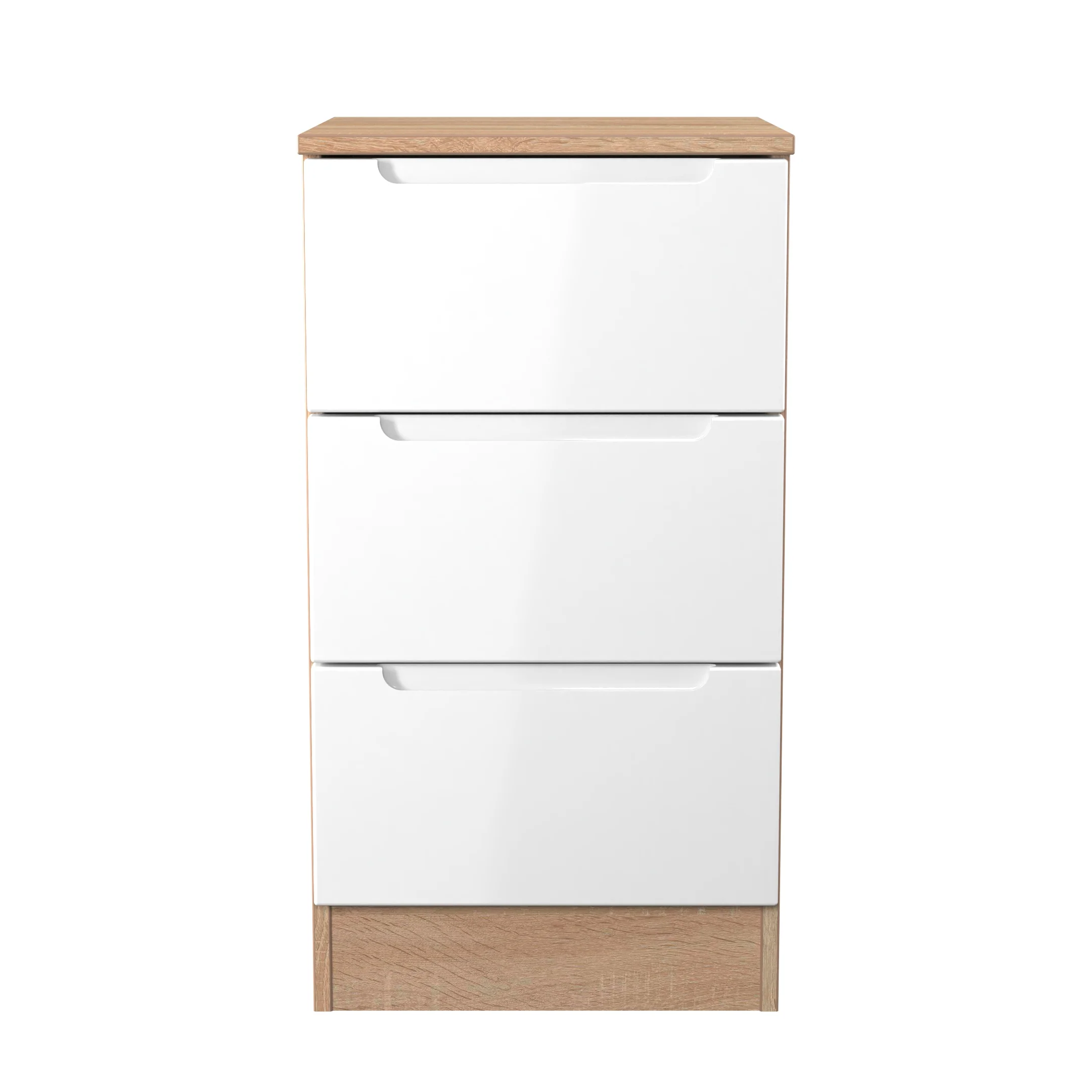 Milan 3 Drawer Bedside in White Gloss & Bardolino Oak - Ready Assembled - Image 2
