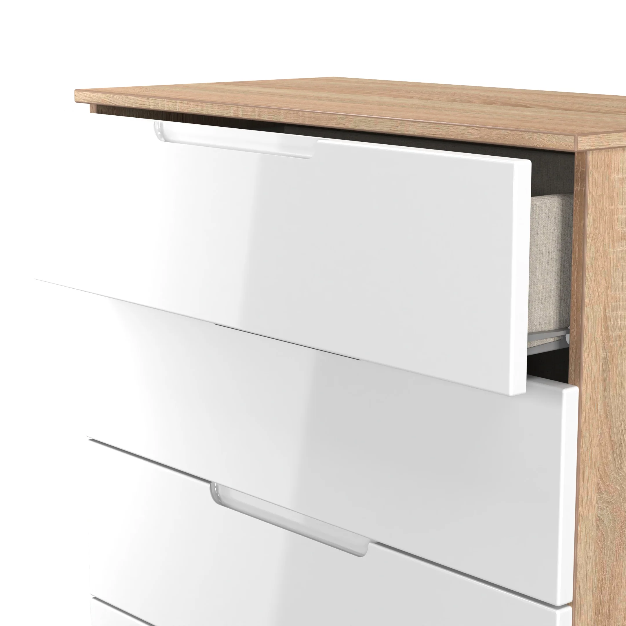 Milan 5 Drawer Chest in White Gloss & Bardolino Oak - Ready Assembled - Image 6