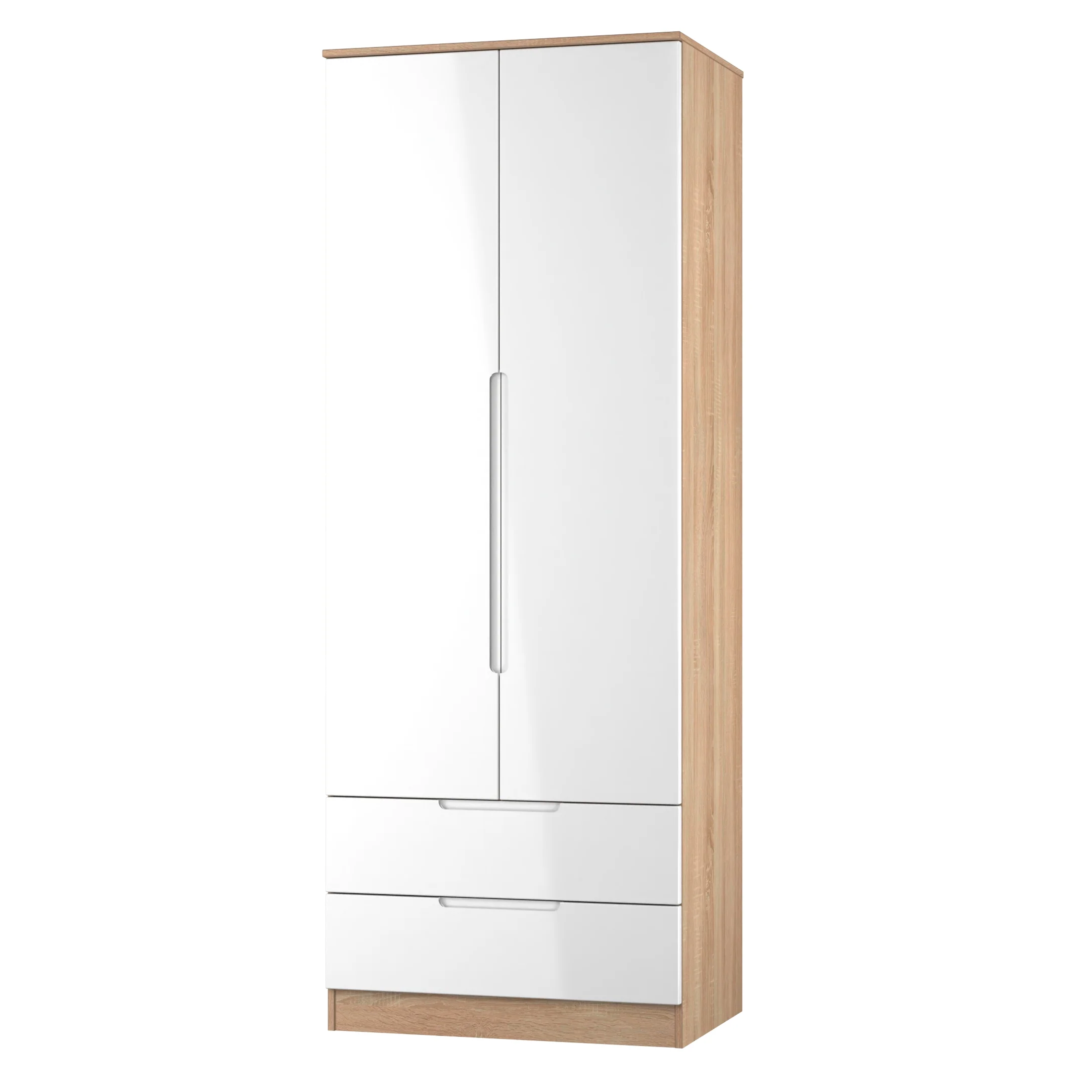 Milan Tall 2 Drawer Double Wardrobe in White Gloss & Bardolino Oak - Ready Assembled - Image 4