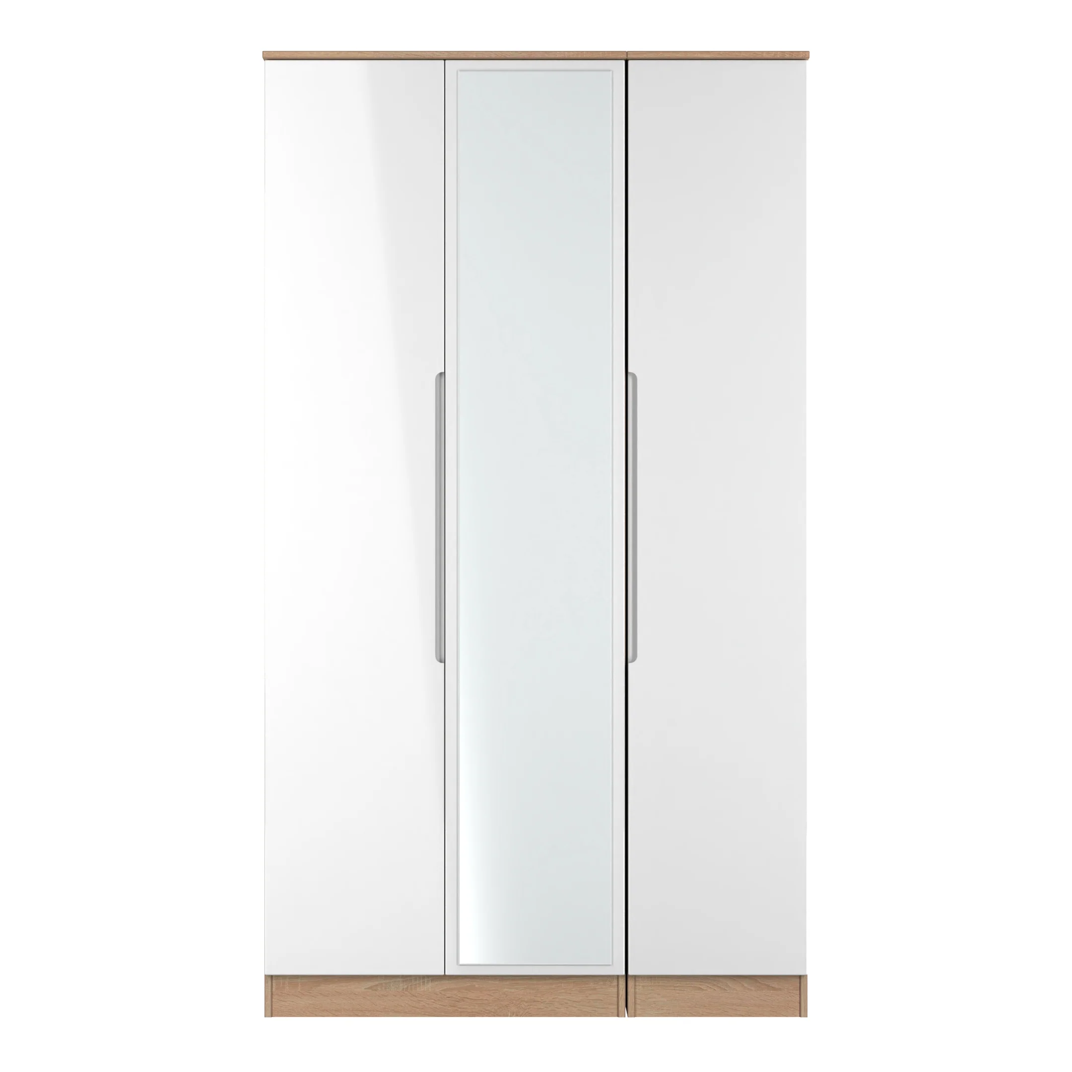 Milan Tall Triple Mirror Wardrobe in White Gloss & Bardolino Oak - Ready Assembled - Image 2