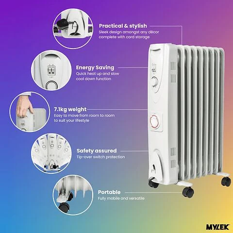 Mylek Oil Filled Electric Portable Heater Radiator With Adjustable Thermostat 2500w With Timer - Image 7