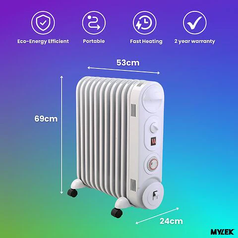 Mylek Oil Filled Radiator Electric Heater, Portable, Thermostat And 24hr Timer By Mylek 2000w - Image 2