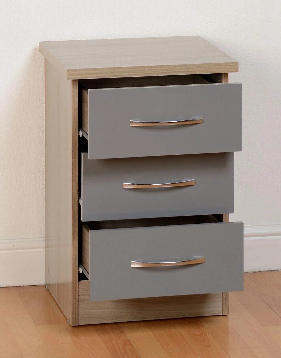 NEVADA 3 DRAWER BEDSIDE - GREY GLOSS/LIGHT OAK EFFECT VENEER - Image 2