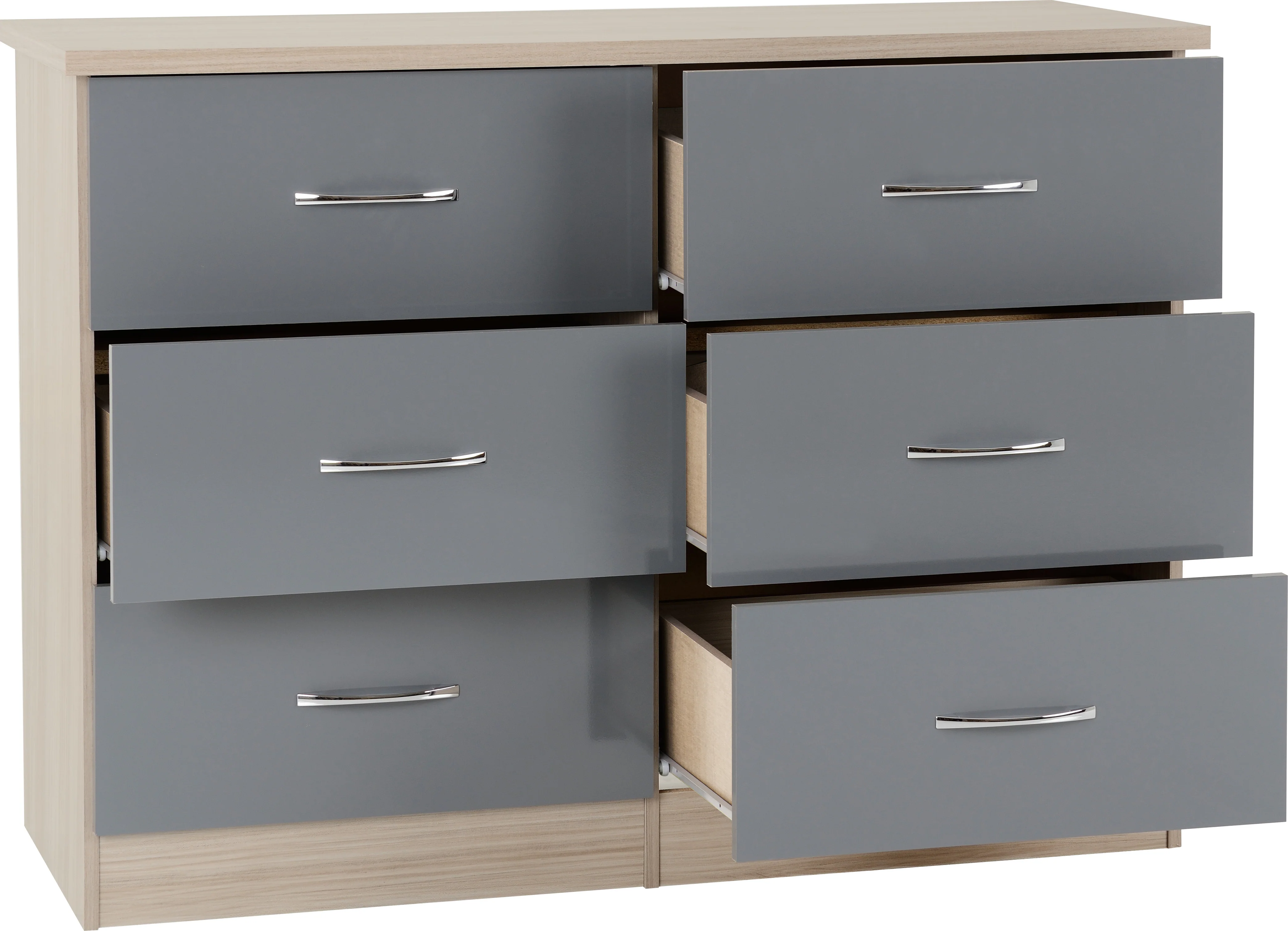 NEVADA 6 DRAWER CHEST - GREY GLOSS/LIGHT OAK EFFECT VENEER - Image 2