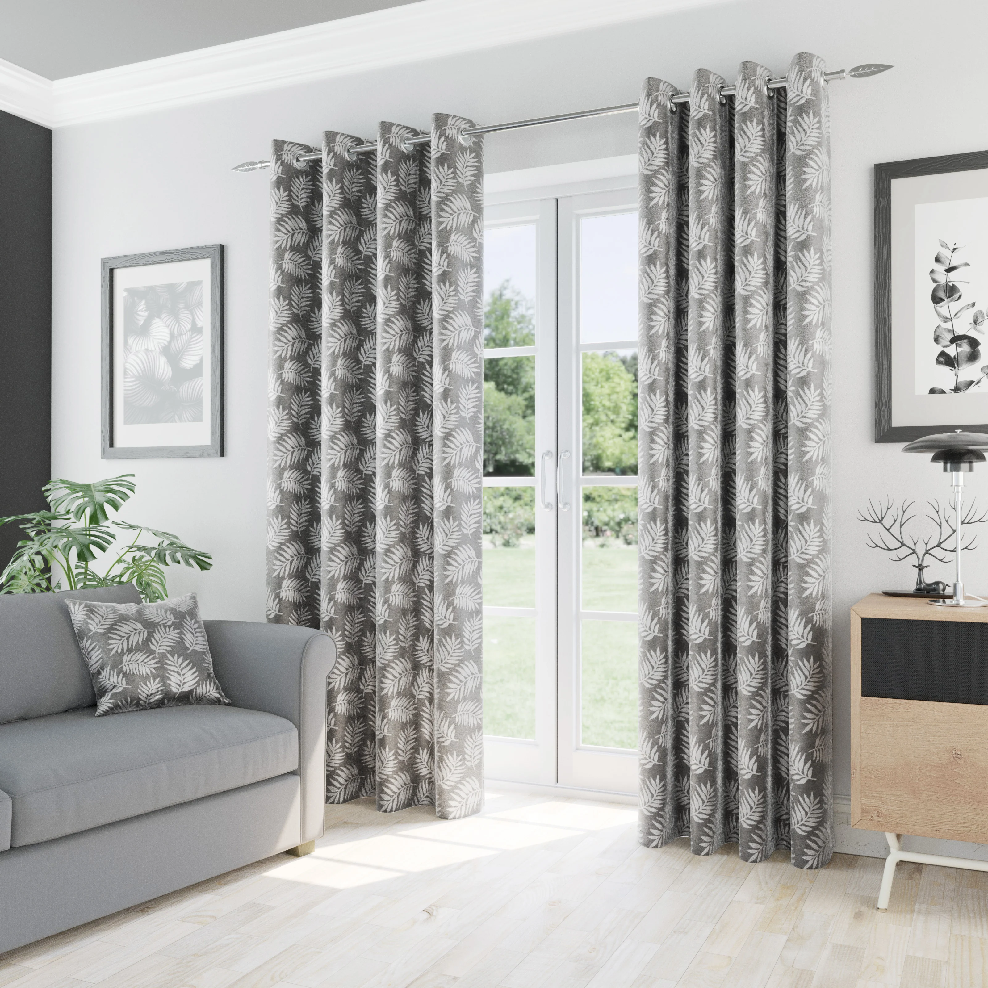 Oakland Grey Leaf Pattern, Thermal, Room Darkening Pair of Curtains with Eyelet Top - Image 2