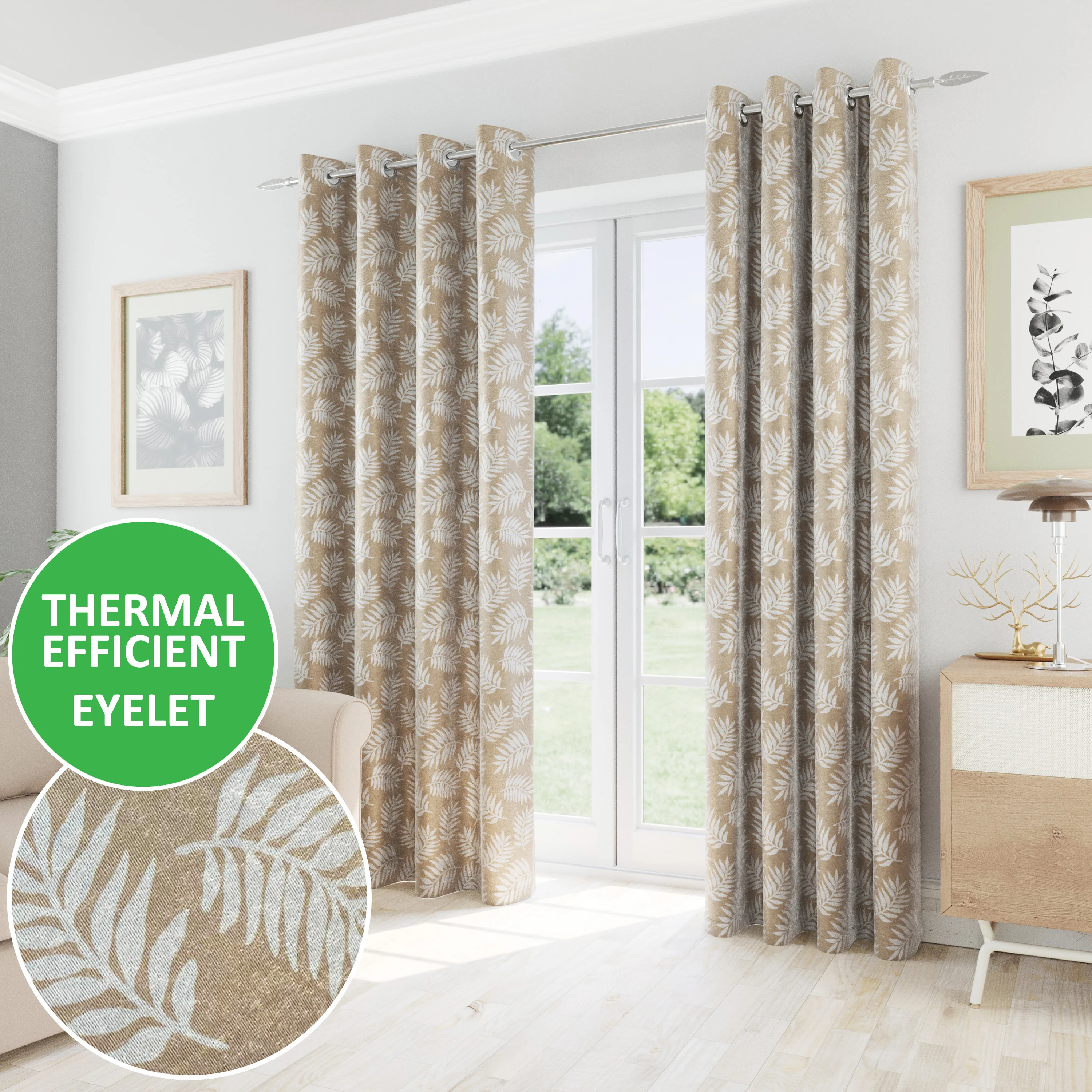 Oakland Latte Leaf Pattern, Thermal, Room Darkening Pair of Curtains with Eyelet Top