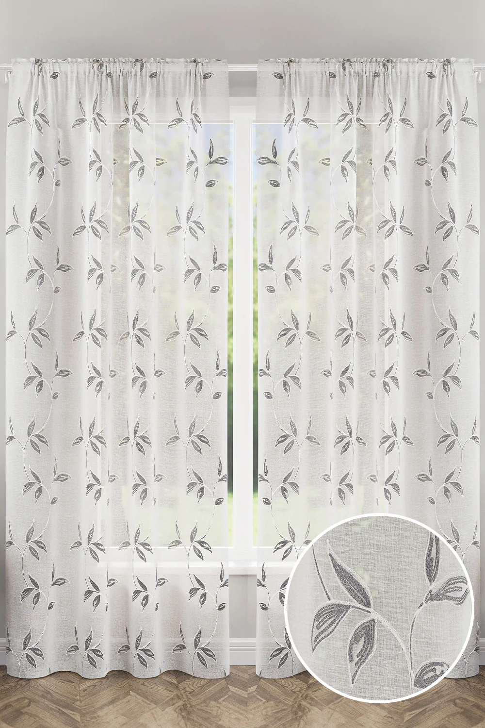Oasis Grey Embroidered Leaf Design Voile Panels - Pair