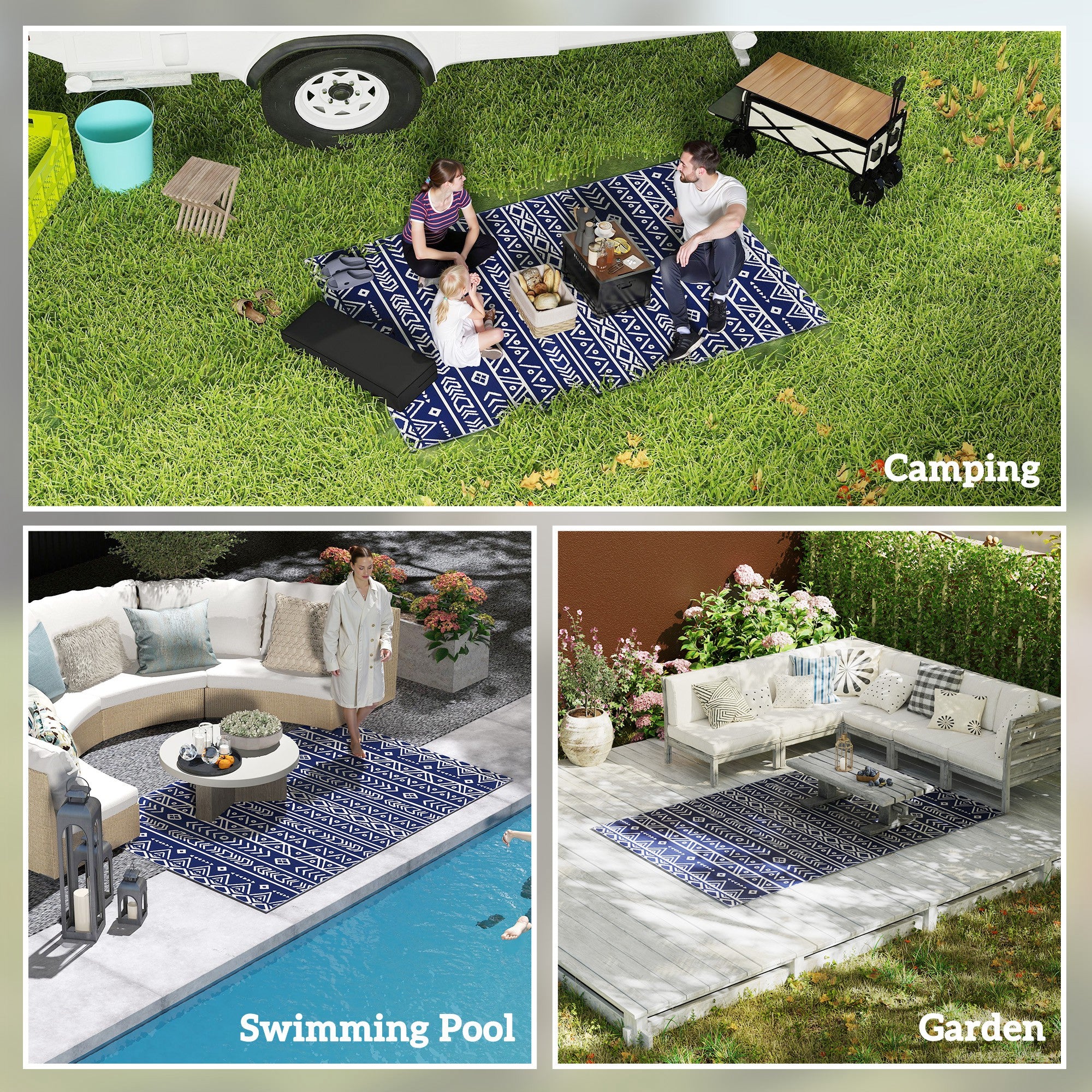 Outsunny 1.8 x 2.7m Reversible Outdoor RV Rug, Geometric, Blue and White - Image 4