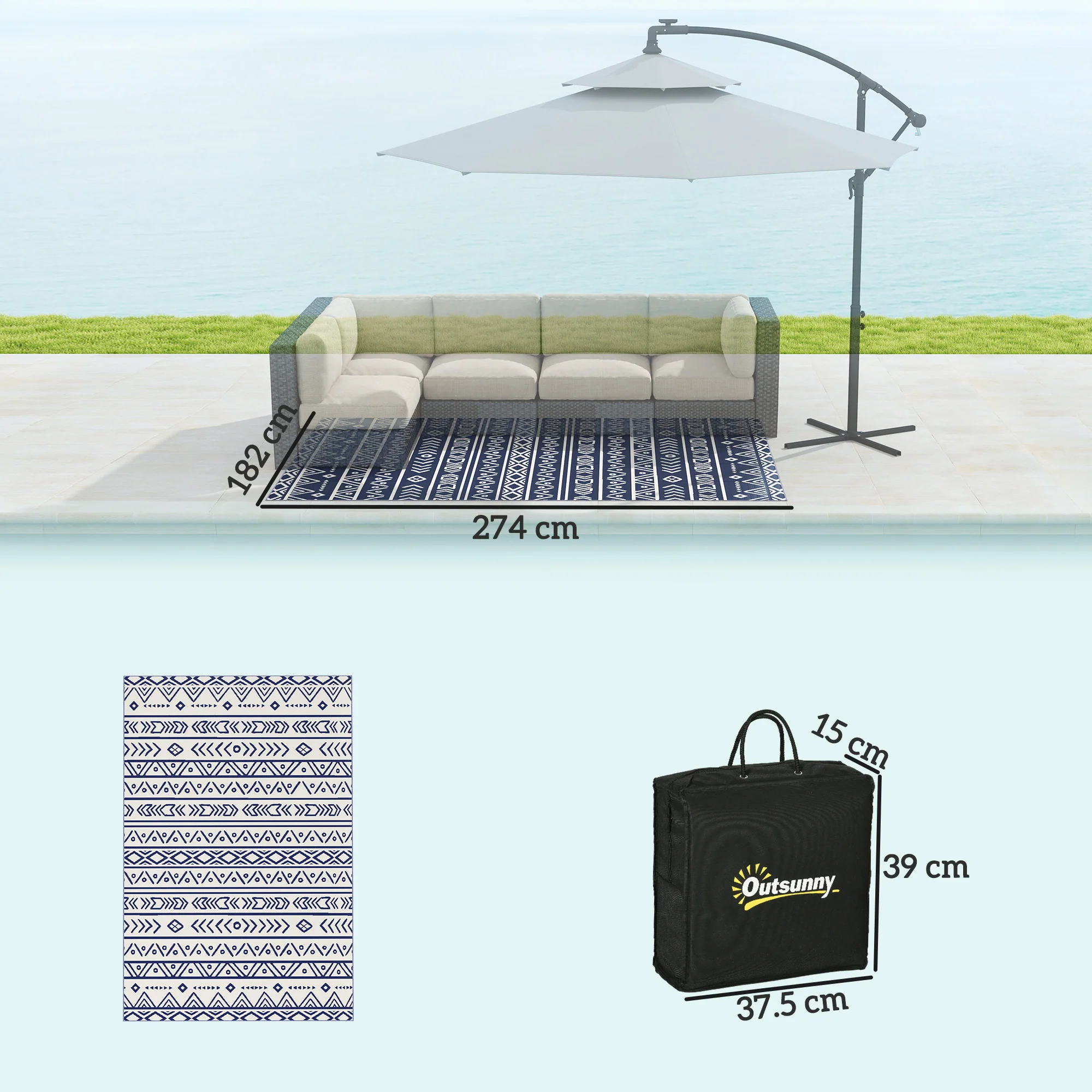 Outsunny 1.8 x 2.7m Reversible Outdoor RV Rug, Geometric, Blue and White - Image 5