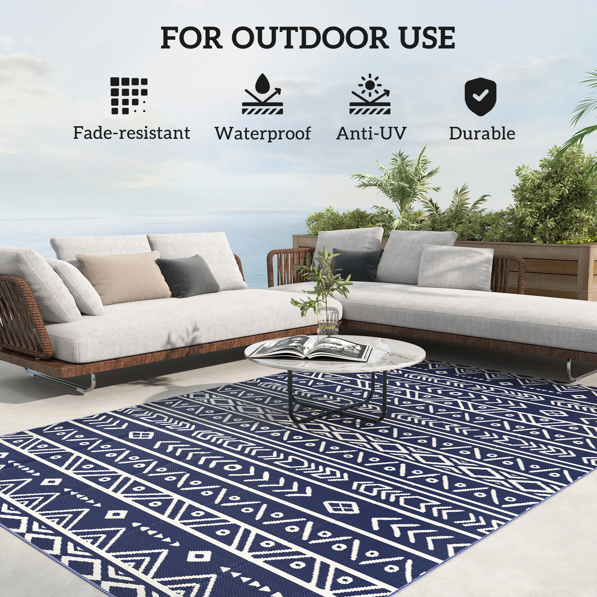 Outsunny 1.8 x 2.7m Reversible Outdoor RV Rug, Geometric, Blue and White - Image 6