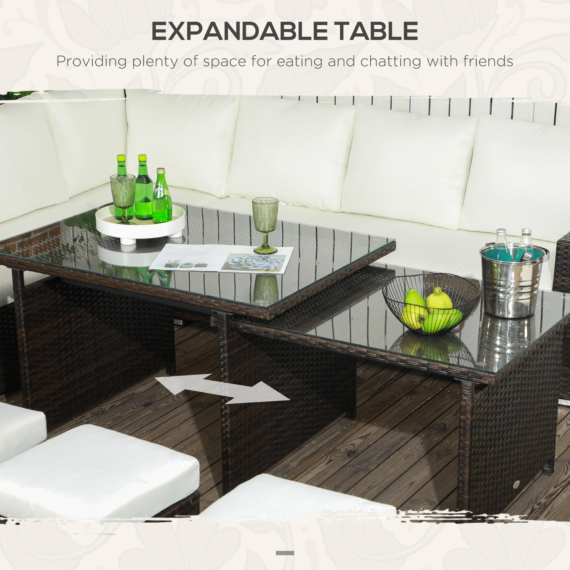 Outsunny 10-Seater Sofa Sectional w/ Cushioned Seat, Footstools and Glass Table - Image 3
