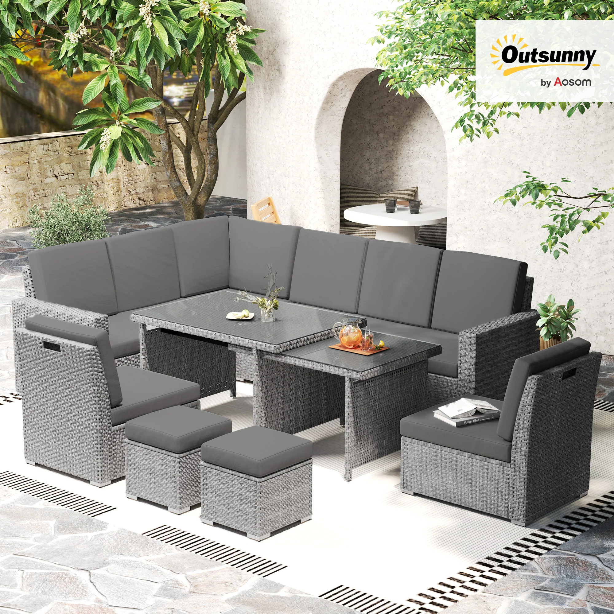 Outsunny 10-Seater Sofa Sectional W/ Cushioned Seat, Footstools And Glass Table - Image 2
