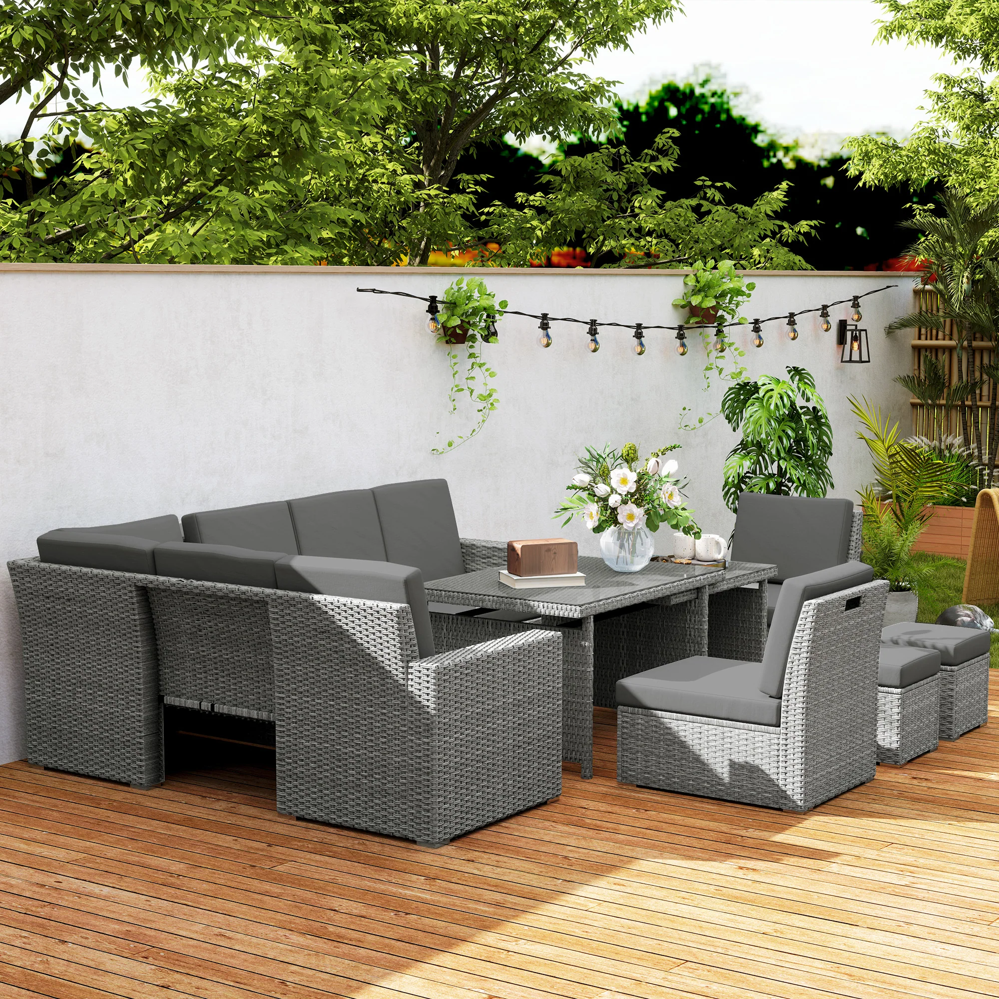 Outsunny 10-Seater Sofa Sectional W/ Cushioned Seat, Footstools And Glass Table - Image 9