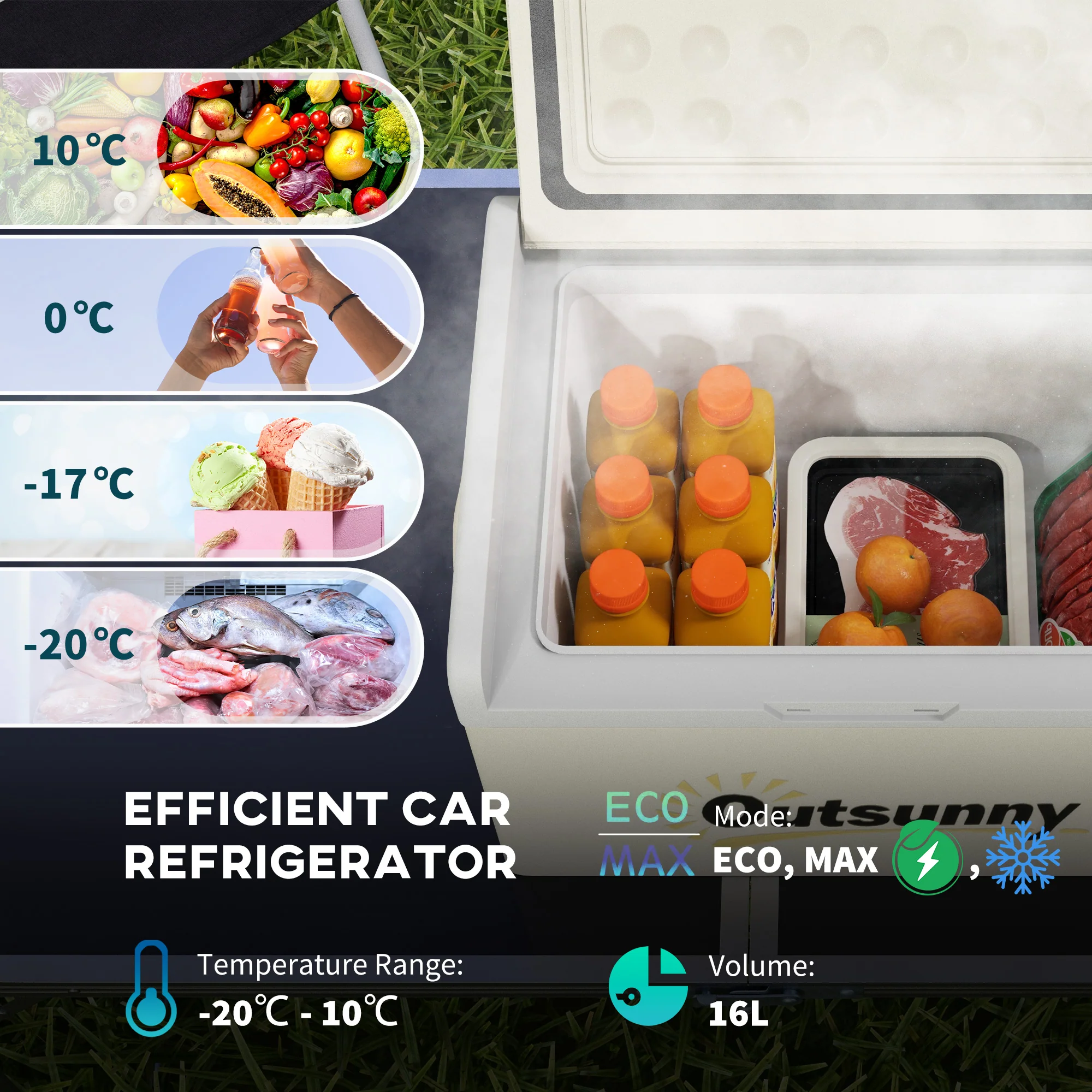 Outsunny 16L Car Refrigerator Fridge Freezer, 12/24V DC and 100-240V AC, Khaki - Image 3