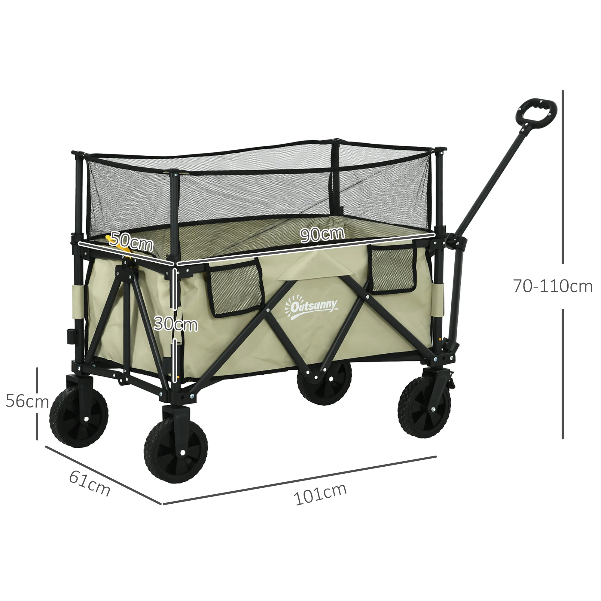 Outsunny 180L Folding Garden Trolley Wagon Cart w/ Extendable Side Walls, Khaki - Image 5