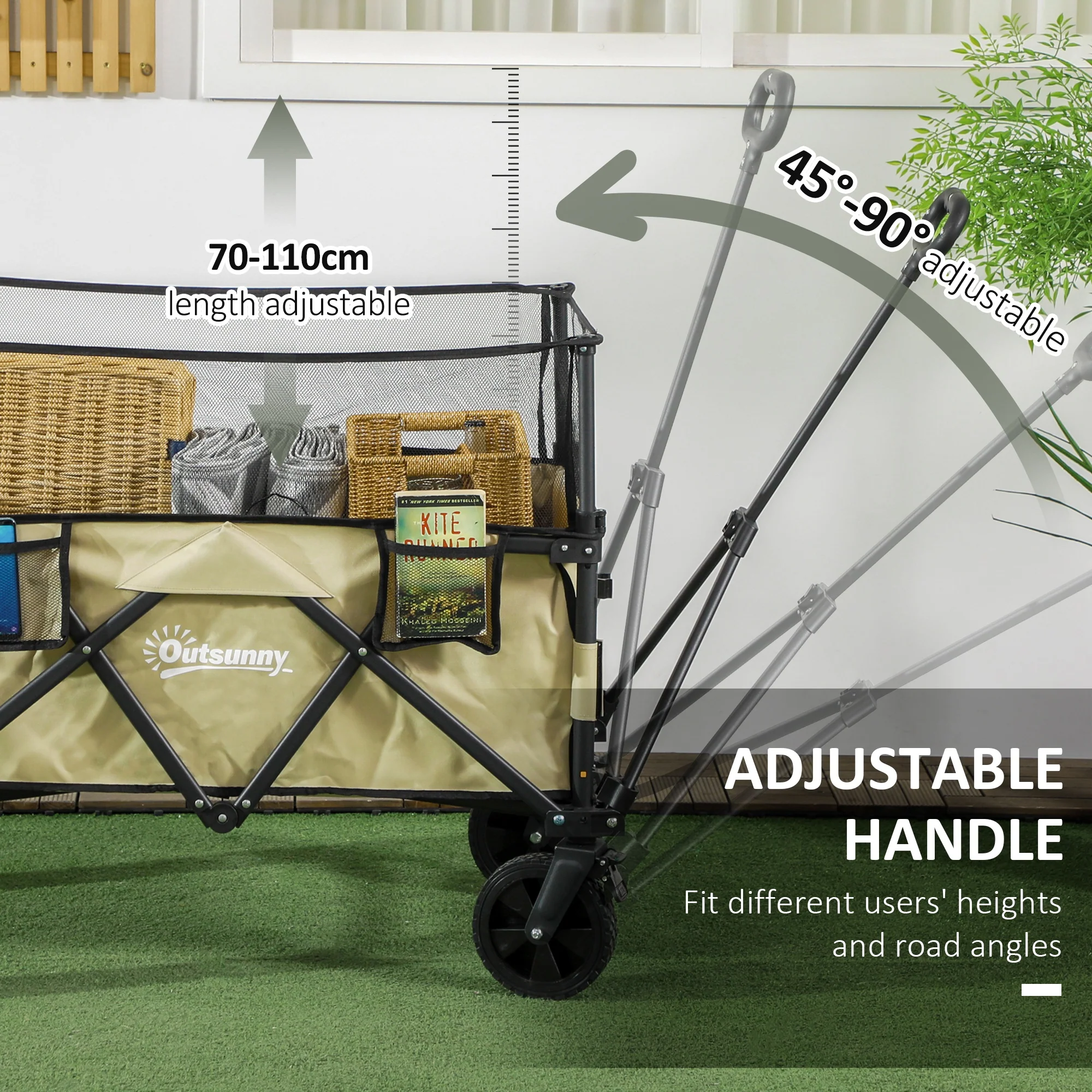 Outsunny 180L Folding Garden Trolley Wagon Cart w/ Extendable Side Walls, Khaki - Image 6