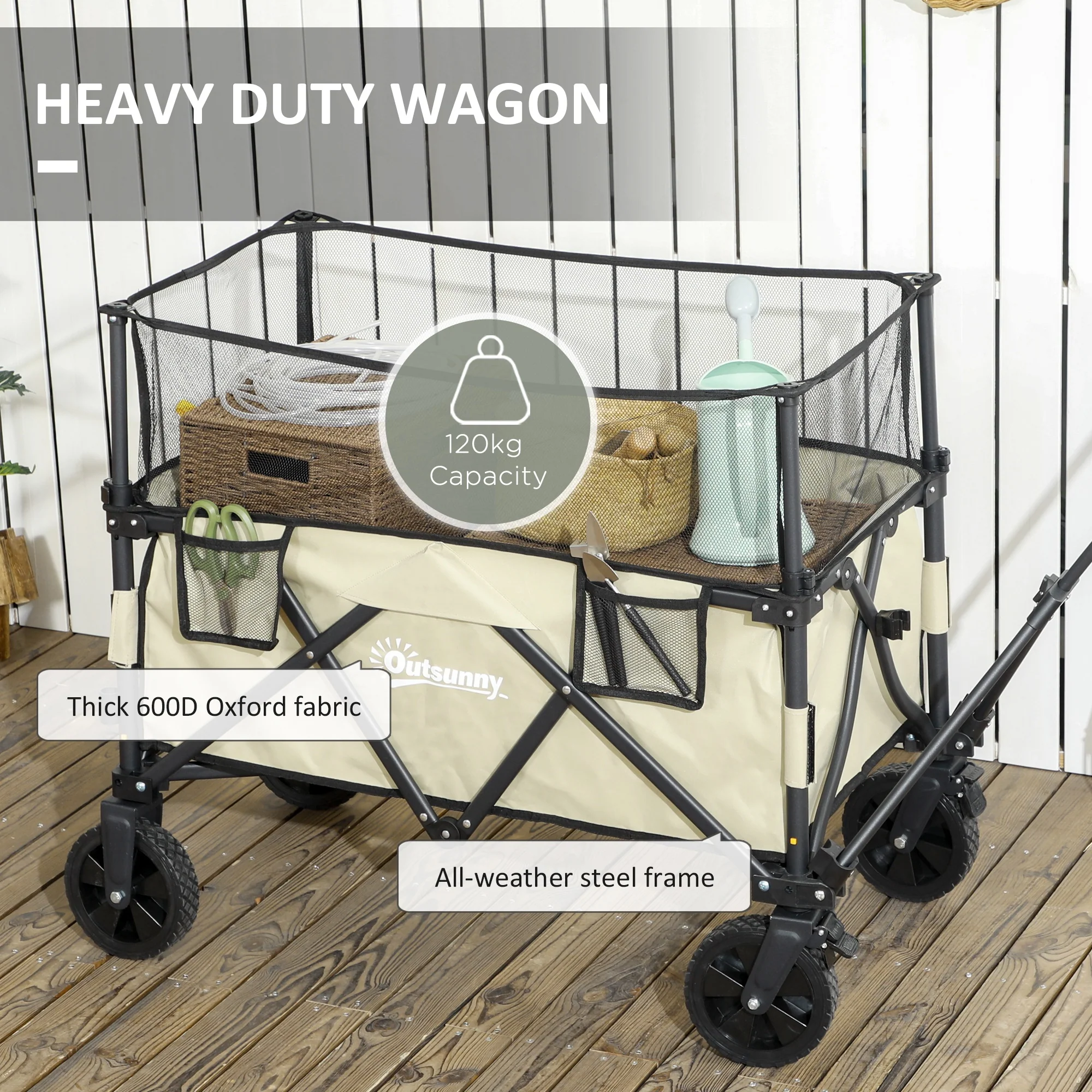Outsunny 180L Folding Garden Trolley Wagon Cart w/ Extendable Side Walls, Khaki - Image 8