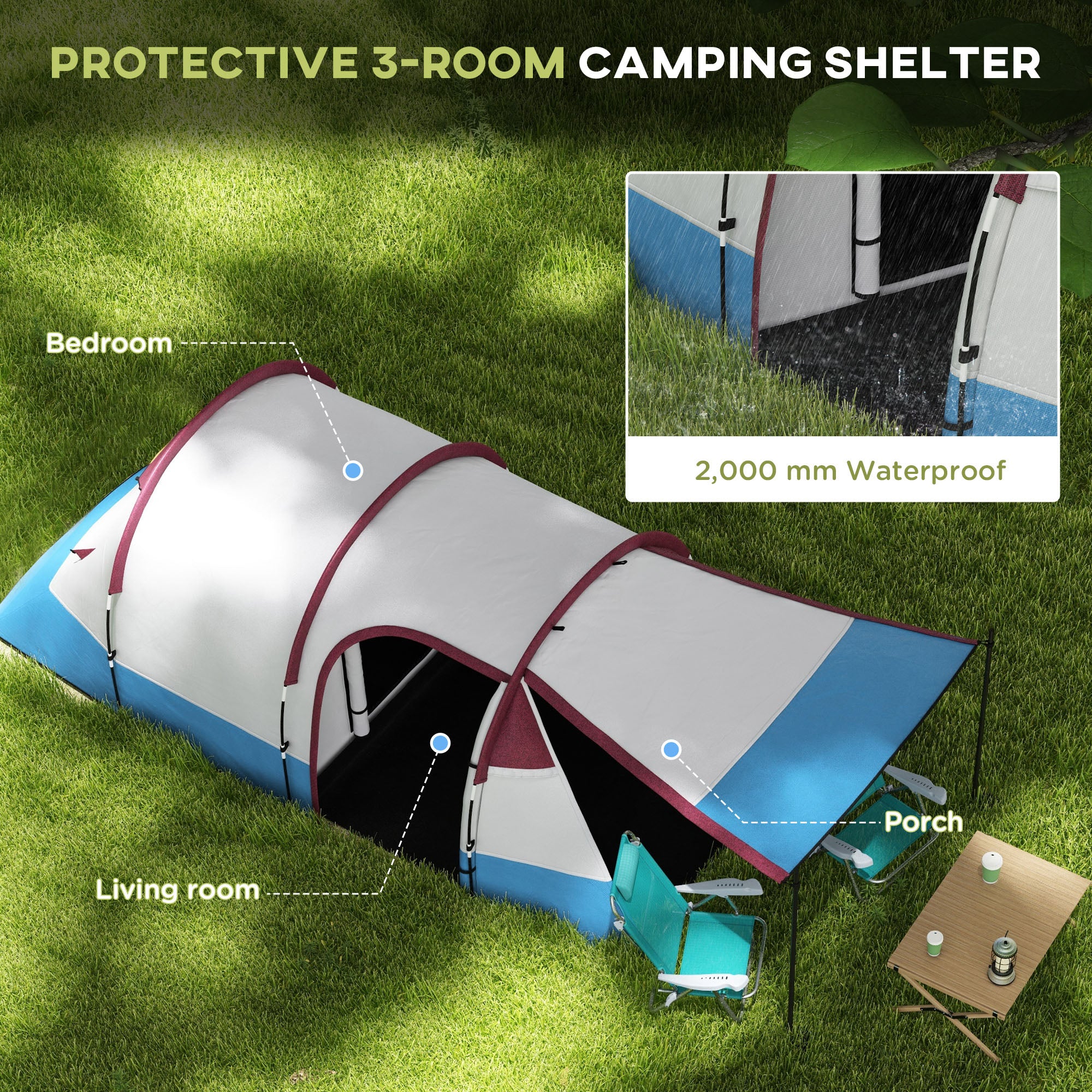 Outsunny 2-3 Man Camping Tunnel Tent with Bedroom and Living Room, Red - Image 3