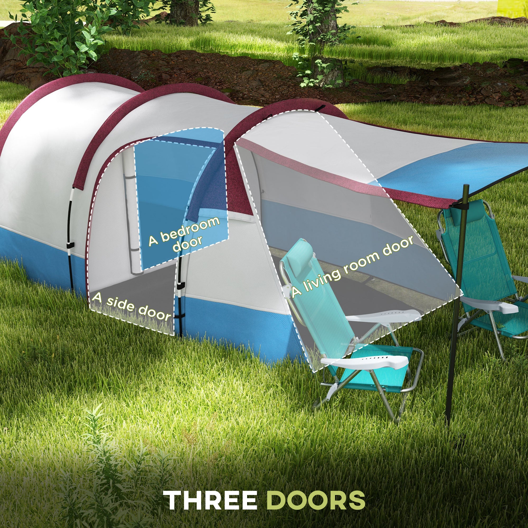 Outsunny 2-3 Man Camping Tunnel Tent with Bedroom and Living Room, Red - Image 4