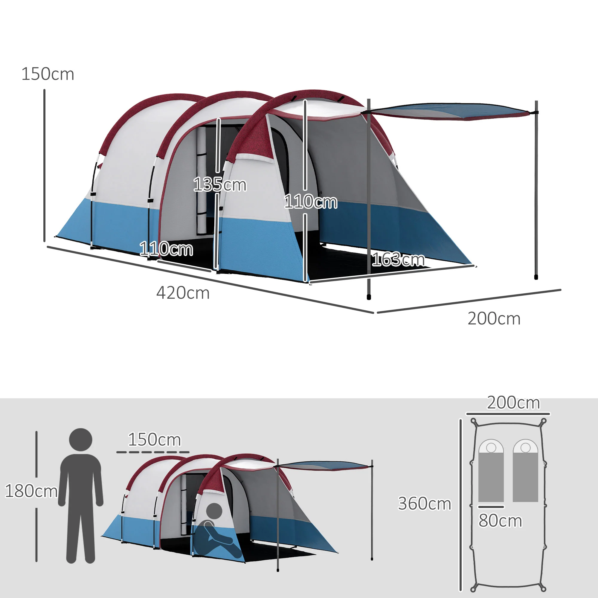 Outsunny 2-3 Man Camping Tunnel Tent with Bedroom and Living Room, Red - Image 5